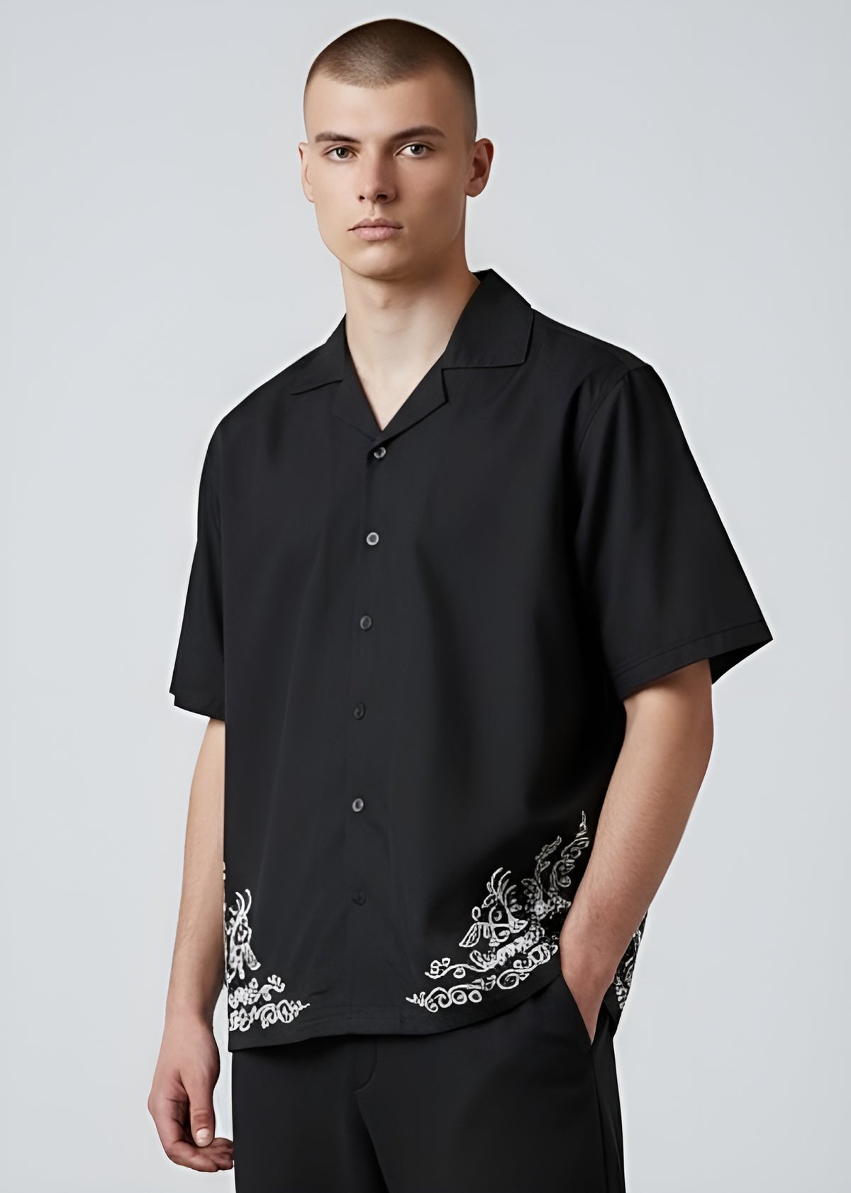 Black Form Embroidered Cuban Shirt